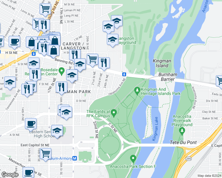 map of restaurants, bars, coffee shops, grocery stores, and more near 3301 E Street Northeast in Washington