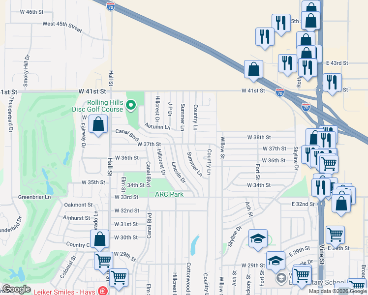 map of restaurants, bars, coffee shops, grocery stores, and more near 3701 Summer Lane in Hays