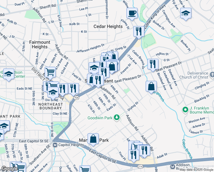 map of restaurants, bars, coffee shops, grocery stores, and more near 5907 Seat Pleasant Drive in Capitol Heights