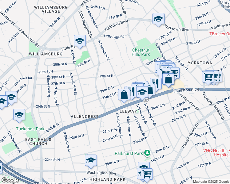 map of restaurants, bars, coffee shops, grocery stores, and more near 5821 25th Road North in Arlington