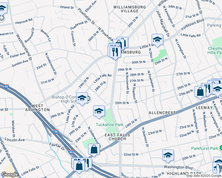 map of restaurants, bars, coffee shops, grocery stores, and more near 2632 North Sycamore Street in Arlington