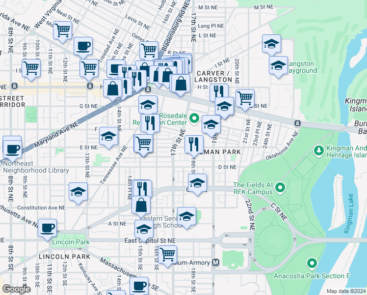 map of restaurants, bars, coffee shops, grocery stores, and more near 101 Independence Avenue Southeast in Washington
