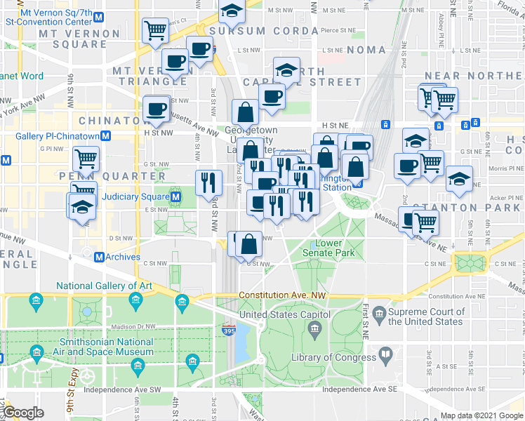 map of restaurants, bars, coffee shops, grocery stores, and more near 104 E St NW in Washington