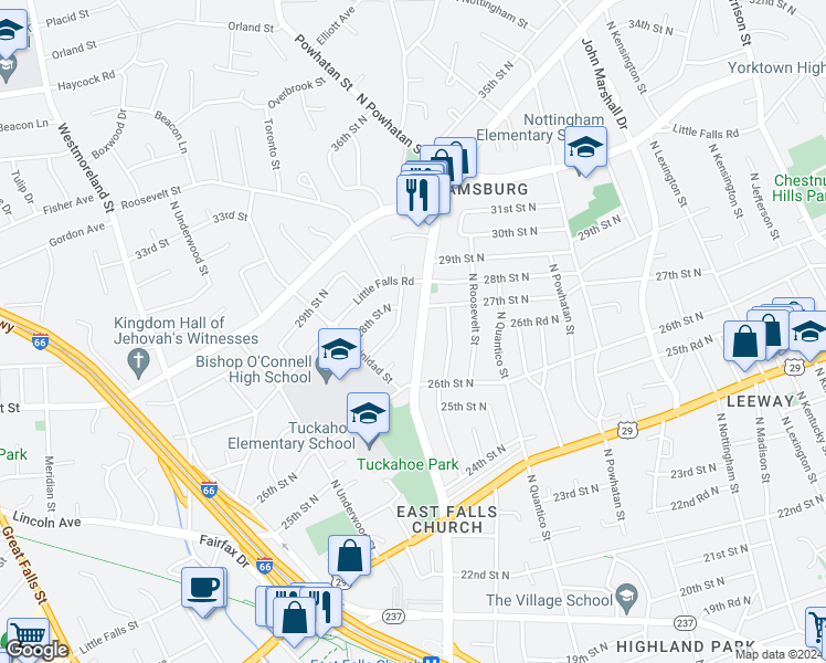 map of restaurants, bars, coffee shops, grocery stores, and more near 2632 North Sycamore Street in Arlington