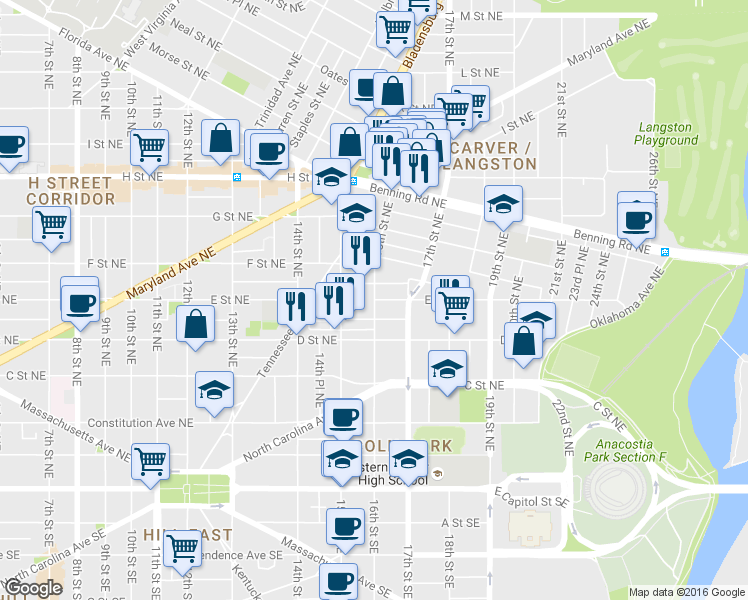 map of restaurants, bars, coffee shops, grocery stores, and more near E Street Northeast & 16th Street Northeast in Washington