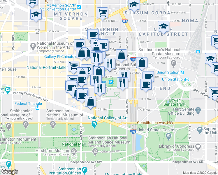 map of restaurants, bars, coffee shops, grocery stores, and more near 450 E Street Northwest in Washington