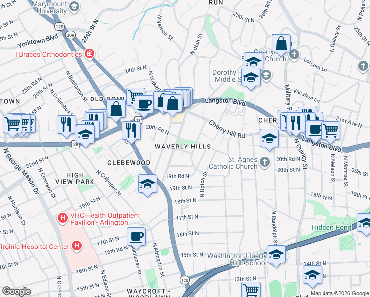 map of restaurants, bars, coffee shops, grocery stores, and more near 4513 20th Place North in Arlington
