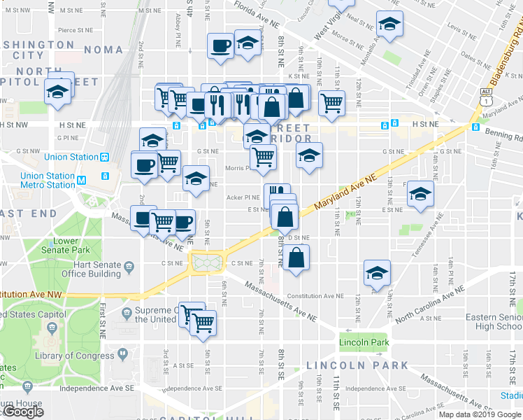 map of restaurants, bars, coffee shops, grocery stores, and more near E St NE & 7th St NE in Washington