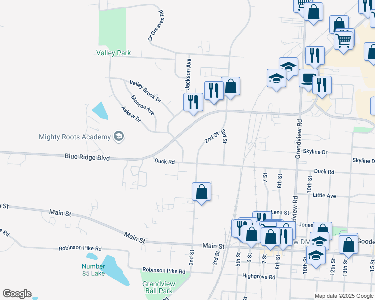 map of restaurants, bars, coffee shops, grocery stores, and more near 12615 Jackson Avenue in Grandview