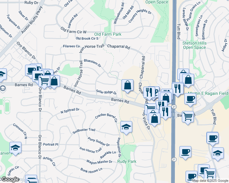 map of restaurants, bars, coffee shops, grocery stores, and more near 5312 Solar Ridge Drive in Colorado Springs