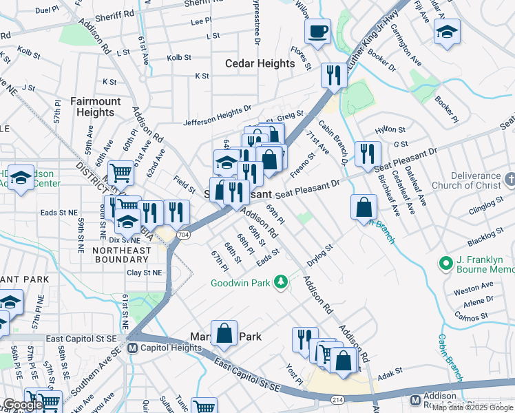 map of restaurants, bars, coffee shops, grocery stores, and more near 5907 Seat Pleasant Drive in Capitol Heights