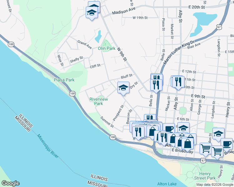 map of restaurants, bars, coffee shops, grocery stores, and more near 918 State Street in Alton