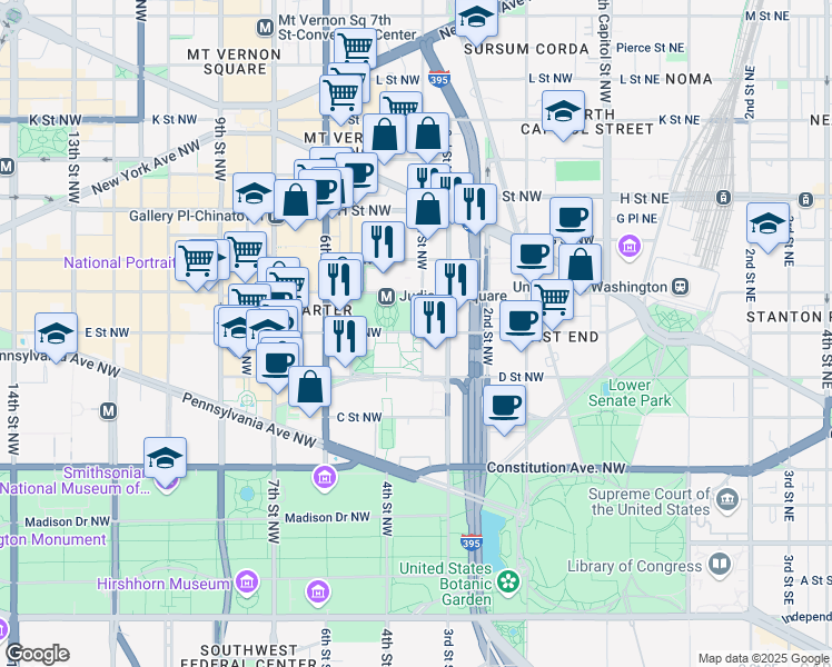 map of restaurants, bars, coffee shops, grocery stores, and more near 410 E Street Northwest in Washington