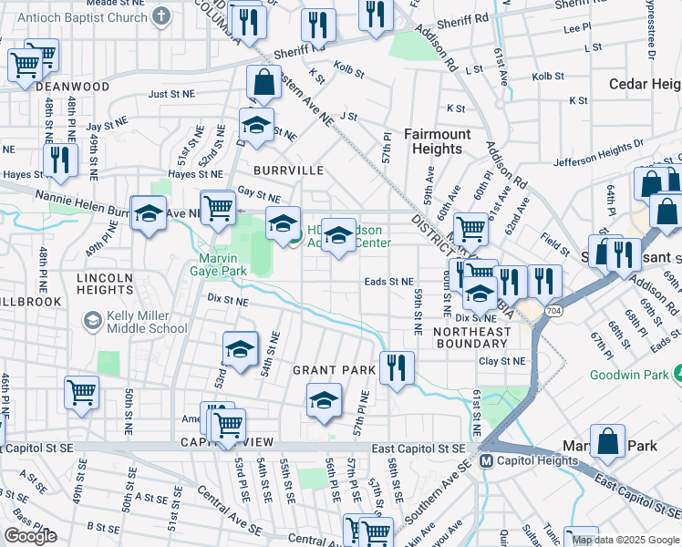 map of restaurants, bars, coffee shops, grocery stores, and more near 5600 Eads Street Northeast in Washington