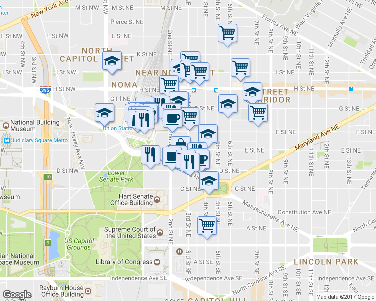 map of restaurants, bars, coffee shops, grocery stores, and more near E St NE & 3rd St NE in Washington