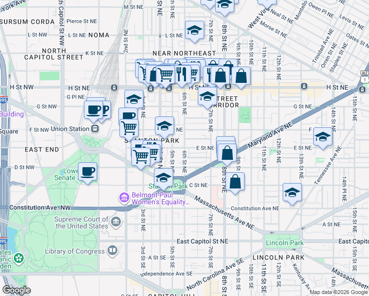 map of restaurants, bars, coffee shops, grocery stores, and more near E St NE & 6th St NE in Washington