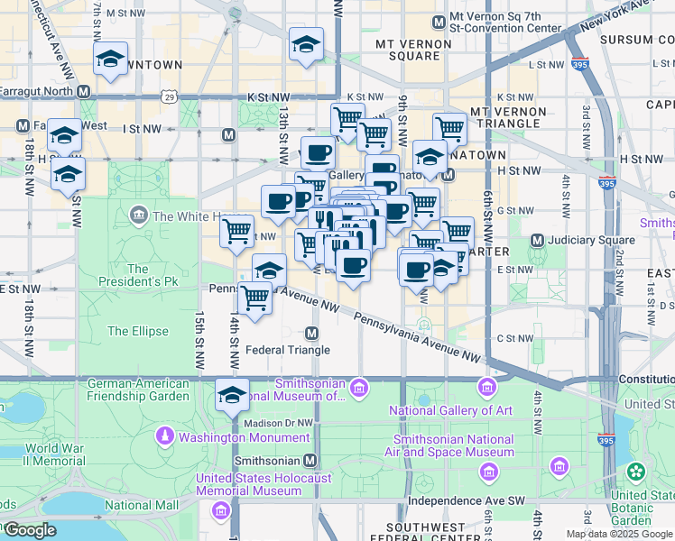 map of restaurants, bars, coffee shops, grocery stores, and more near 500 11th Street Northwest in Washington