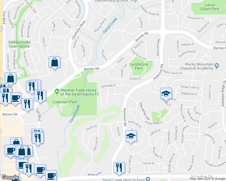 map of restaurants, bars, coffee shops, grocery stores, and more near 4332 Aryshire Lane in Colorado Springs
