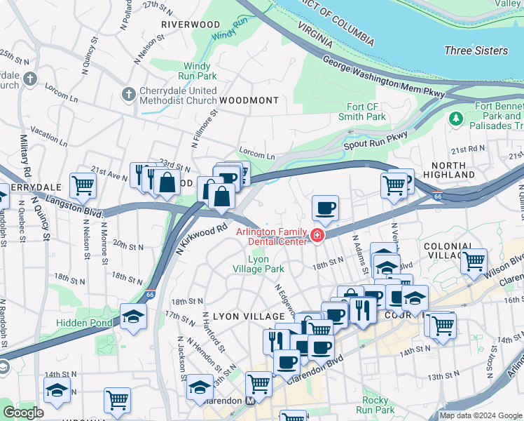 map of restaurants, bars, coffee shops, grocery stores, and more near 3000 Spout Run Parkway in Arlington