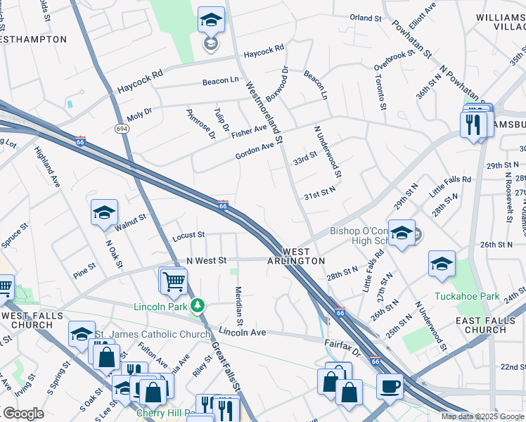 map of restaurants, bars, coffee shops, grocery stores, and more near 6941 Williamsburg Boulevard in Arlington