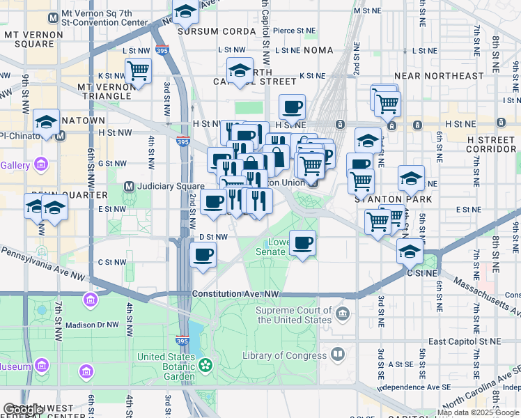 map of restaurants, bars, coffee shops, grocery stores, and more near 23 E Street Northwest in Washington