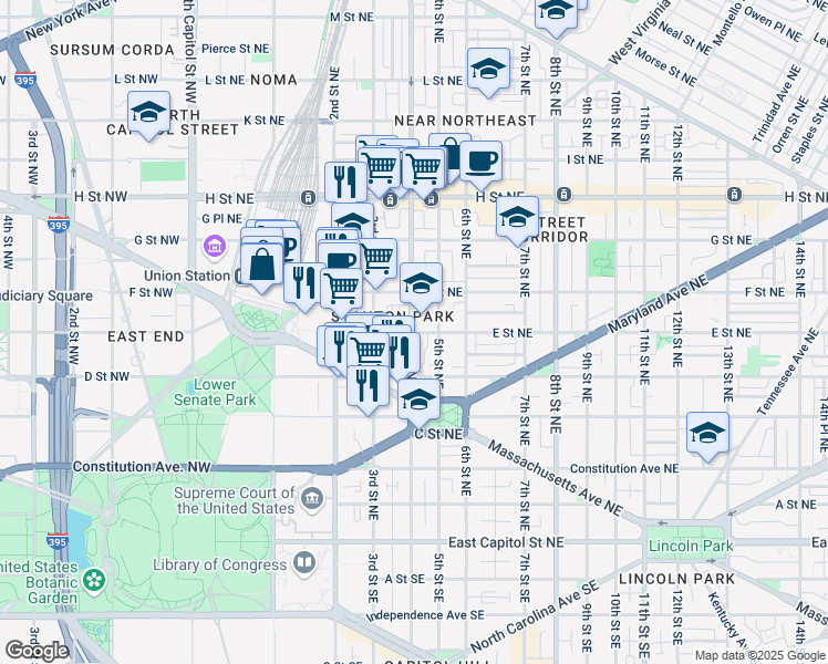 map of restaurants, bars, coffee shops, grocery stores, and more near 410 E Street NE in Washington
