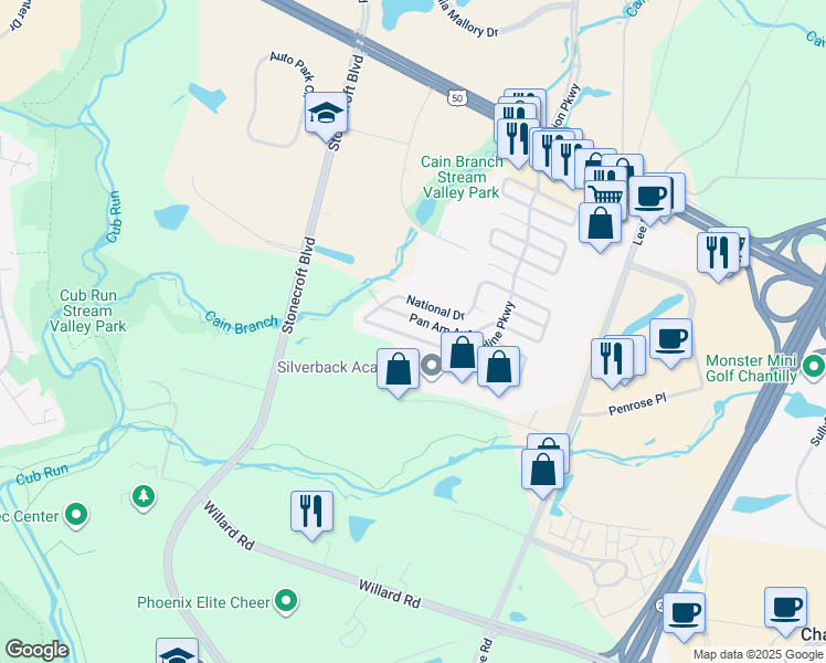 map of restaurants, bars, coffee shops, grocery stores, and more near 4252 Airline Parkway in Chantilly