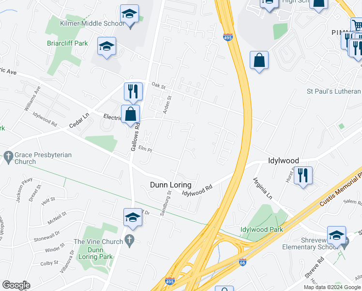 map of restaurants, bars, coffee shops, grocery stores, and more near 2322 Sandburg Street in Dunn Loring