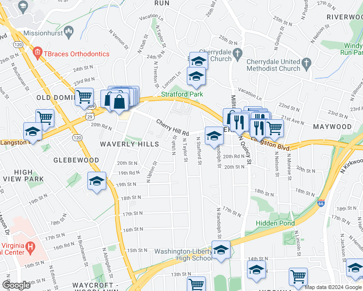 map of restaurants, bars, coffee shops, grocery stores, and more near 2034 North Taylor Street in Arlington