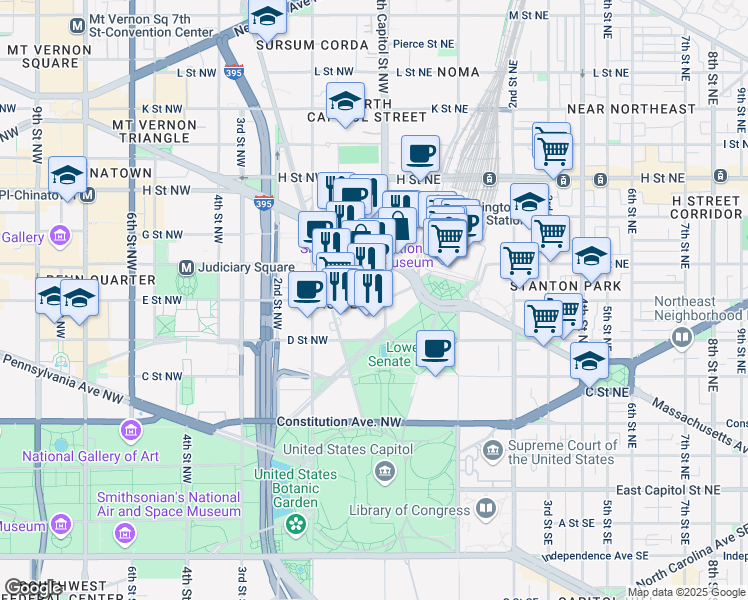 map of restaurants, bars, coffee shops, grocery stores, and more near 23 E Street Northwest in Washington