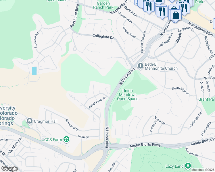map of restaurants, bars, coffee shops, grocery stores, and more near 2446 Blazek Loop in Colorado Springs