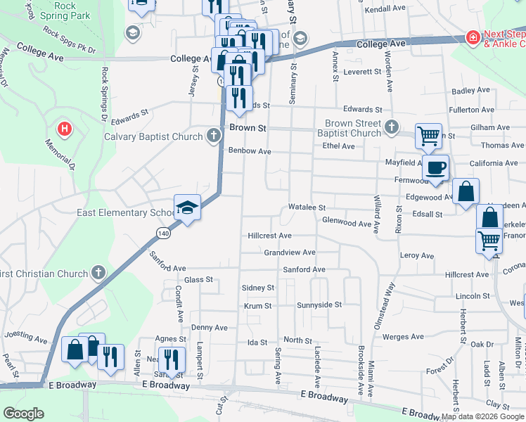 map of restaurants, bars, coffee shops, grocery stores, and more near 2705 Palmer Avenue in Alton