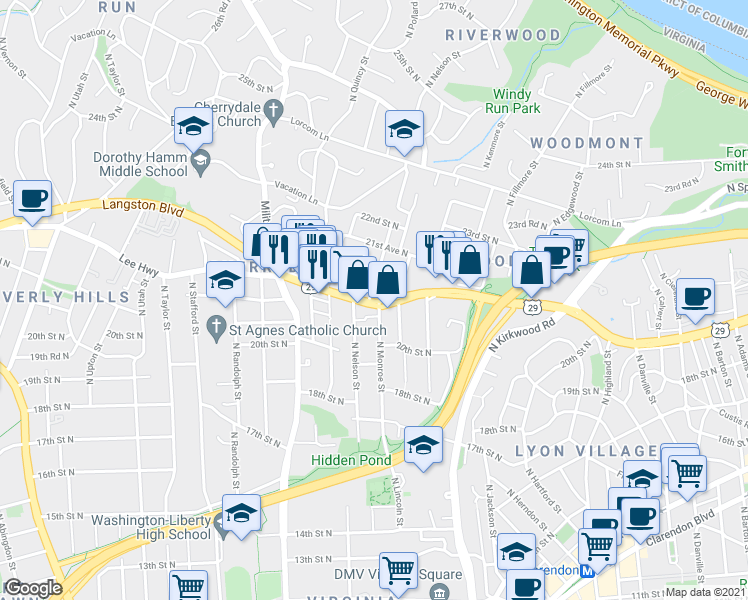 map of restaurants, bars, coffee shops, grocery stores, and more near 2101 North Monroe Street in Arlington