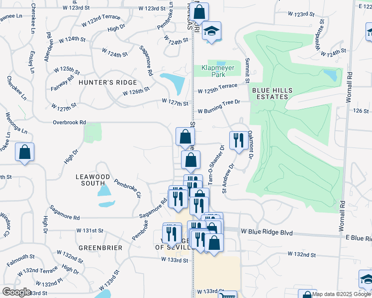 map of restaurants, bars, coffee shops, grocery stores, and more near 12728 State Line Road in Leawood