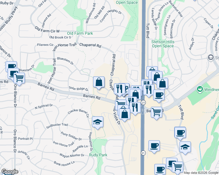 map of restaurants, bars, coffee shops, grocery stores, and more near 4435 Chaparral Road in Colorado Springs
