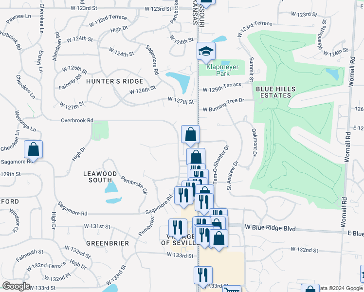 map of restaurants, bars, coffee shops, grocery stores, and more near 12757 Overbrook Road in Leawood