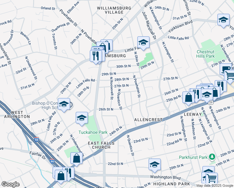 map of restaurants, bars, coffee shops, grocery stores, and more near 2642 North Quantico Street in Arlington