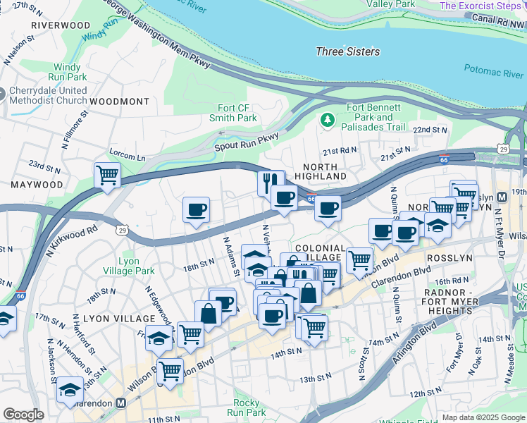 map of restaurants, bars, coffee shops, grocery stores, and more near 1919 North Veitch Street in Arlington