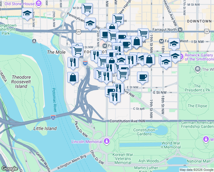 map of restaurants, bars, coffee shops, grocery stores, and more near 528 23rd Street Northwest in Washington