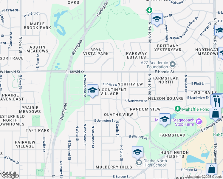 map of restaurants, bars, coffee shops, grocery stores, and more near 613 East Piatt Lane in Olathe