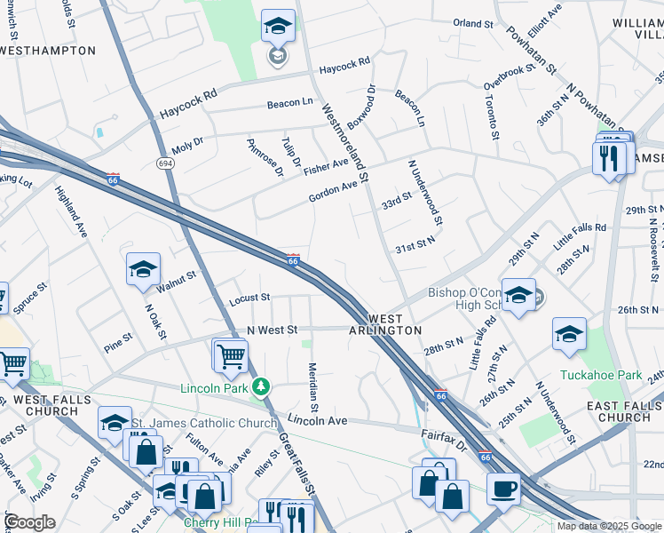 map of restaurants, bars, coffee shops, grocery stores, and more near 6947 Williamsburg Boulevard in Arlington