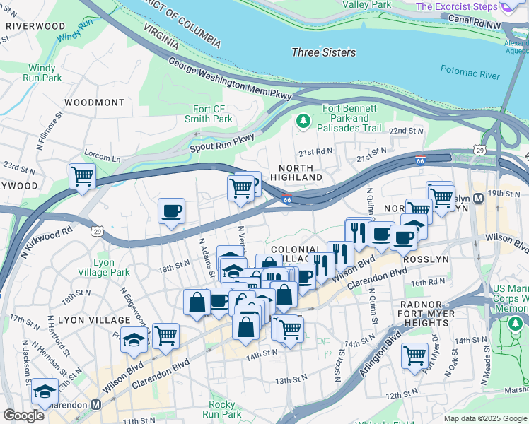 map of restaurants, bars, coffee shops, grocery stores, and more near 1915 North Uhle Street in Arlington