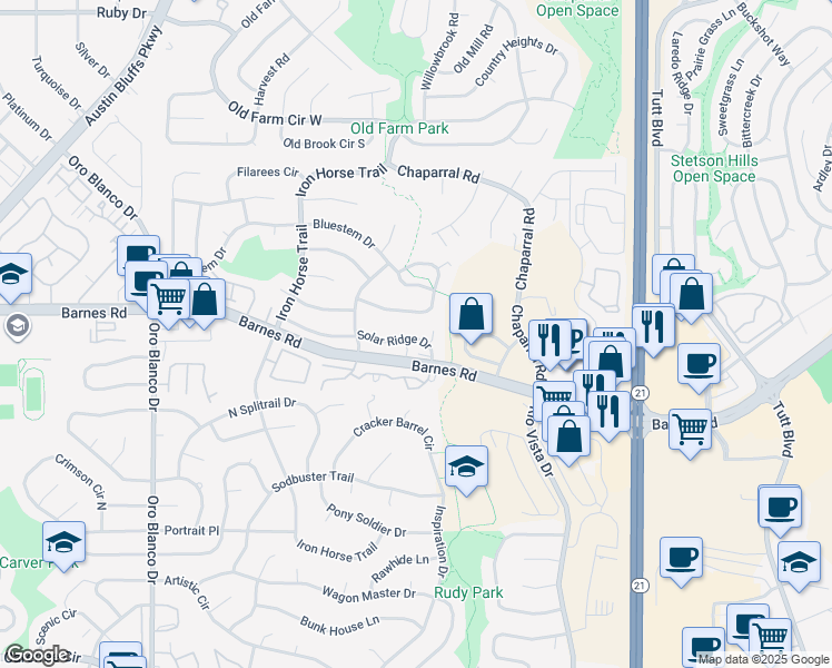map of restaurants, bars, coffee shops, grocery stores, and more near 5312 Solar Ridge Drive in Colorado Springs