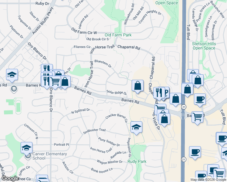 map of restaurants, bars, coffee shops, grocery stores, and more near 5220 Solar Ridge Drive in Colorado Springs