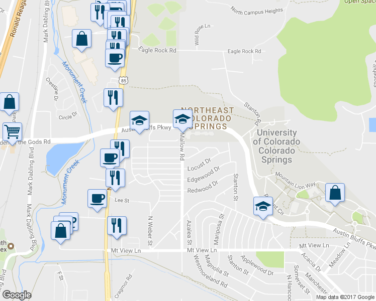 map of restaurants, bars, coffee shops, grocery stores, and more near 4805 Mallow Road in Colorado Springs