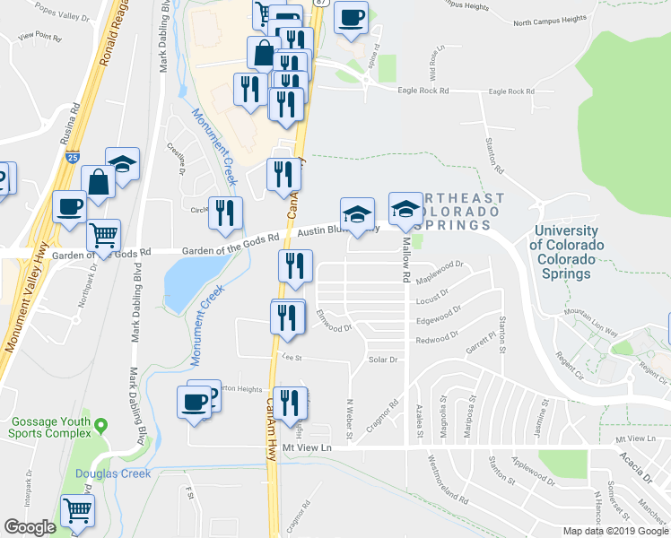 map of restaurants, bars, coffee shops, grocery stores, and more near 4803 North Weber Street in Colorado Springs