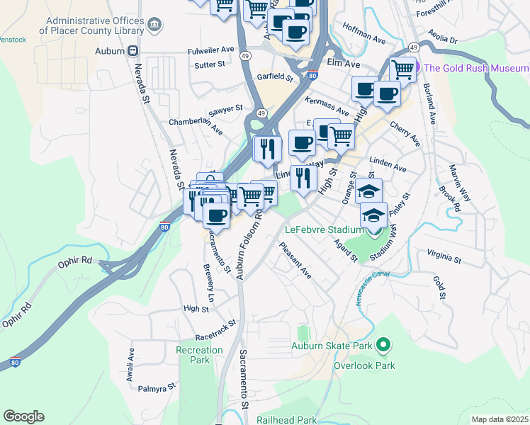 map of restaurants, bars, coffee shops, grocery stores, and more near 1409 Lincoln Way in Auburn