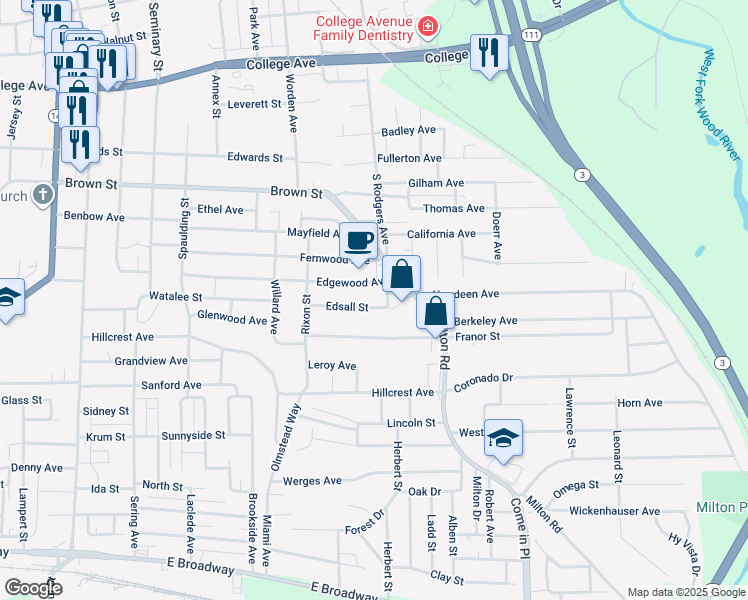 map of restaurants, bars, coffee shops, grocery stores, and more near 3227 Edgewood Avenue in Alton