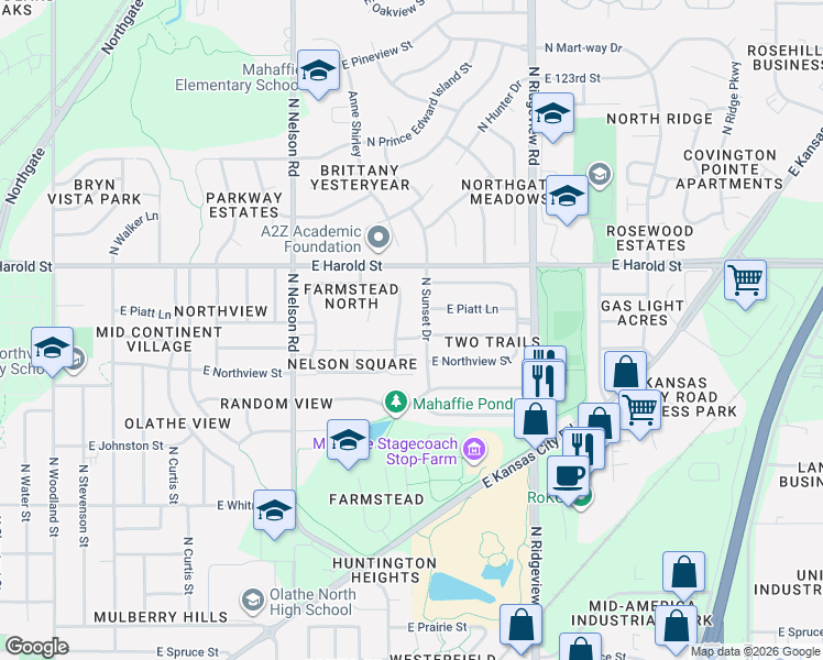map of restaurants, bars, coffee shops, grocery stores, and more near 1001 East Piatt Lane in Olathe