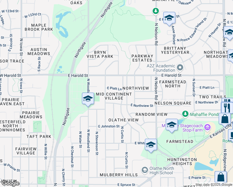 map of restaurants, bars, coffee shops, grocery stores, and more near 613 East Piatt Lane in Olathe